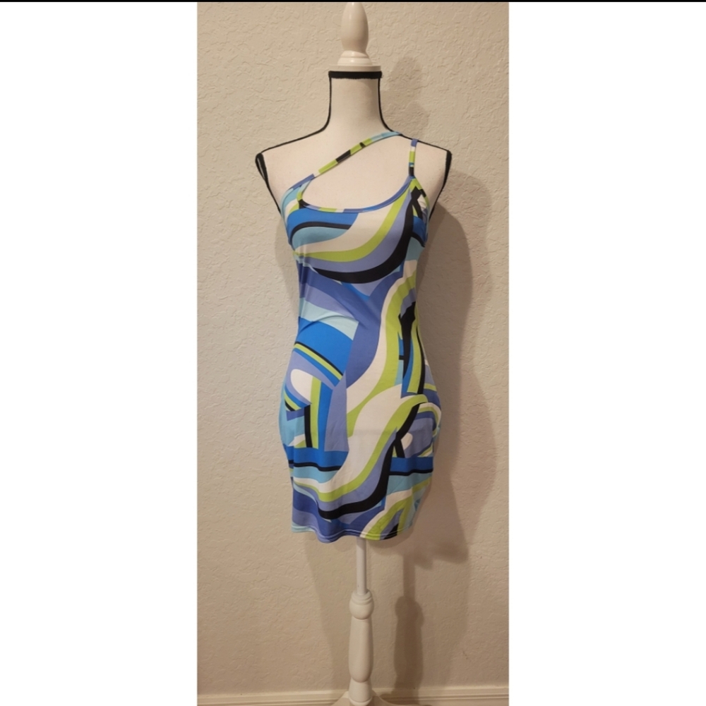 Blue Abstract One Shoulder Dress - Picture 2 of 4